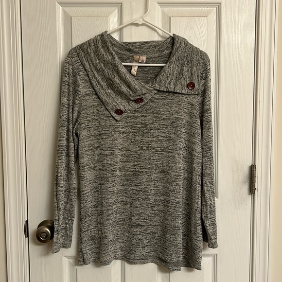 Misia Sweaters - Misia Gray Black Marled Sweater Unique Neck Decorative Button Rayon-blend Medium